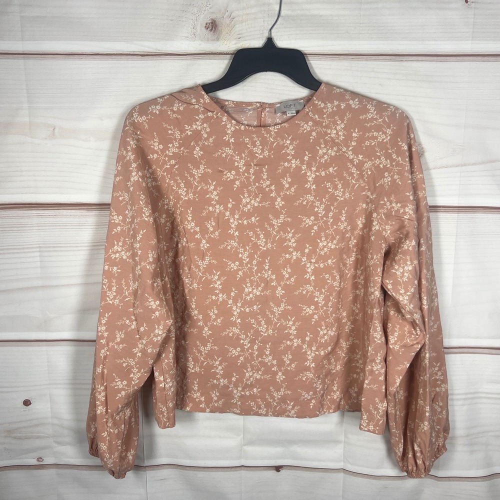 LOFT Floral Blouse Women XL Pink Long Sleeve Crew Neck Pullover Office Peasant